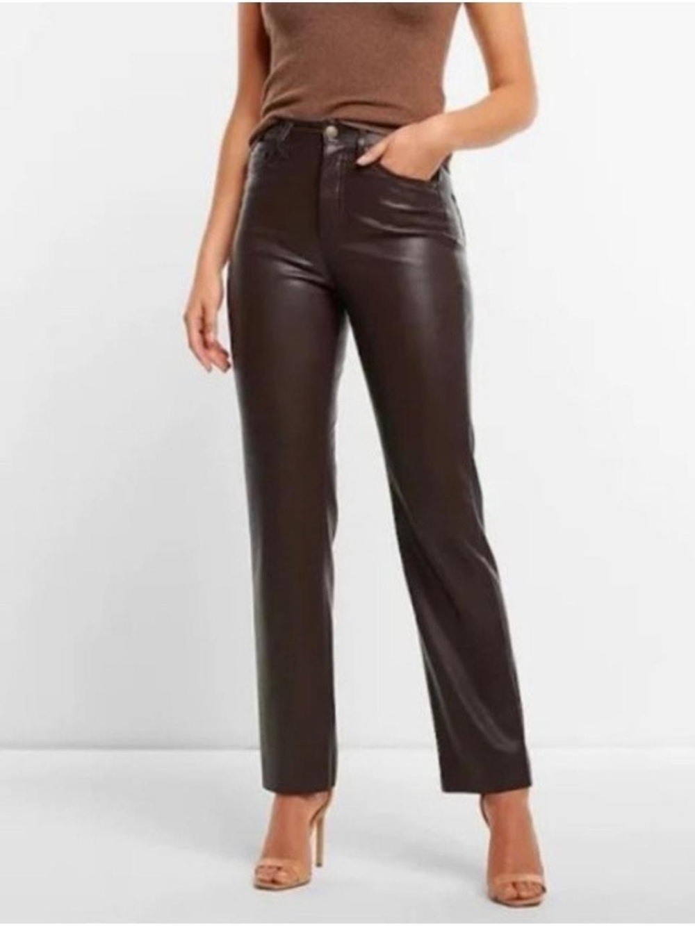 Express Women’s Brown Modern Straight Super High Rise Faux Leather Pants | 8 R